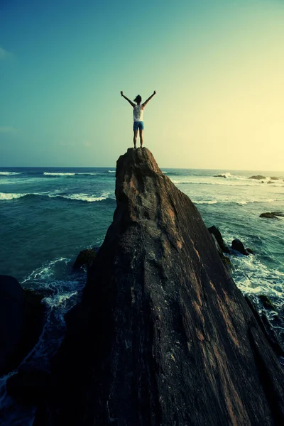 Freedom Young Woman Outstretched Arms Standing Seaside Rock — Stock Photo, Image