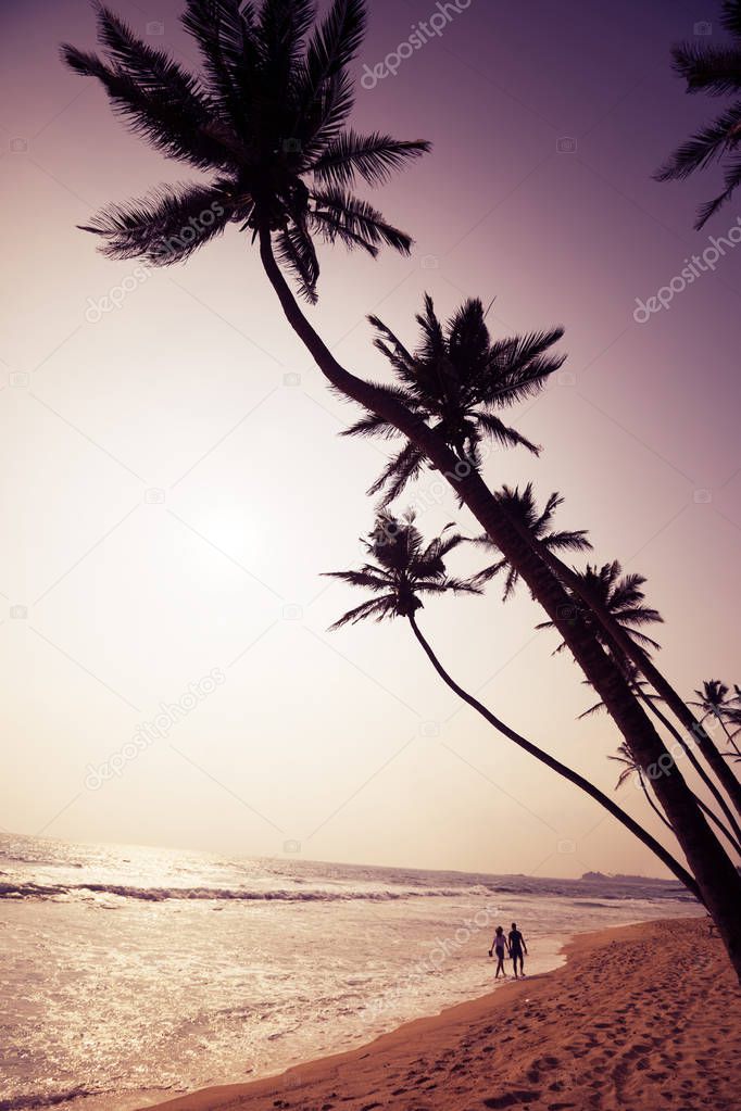 Couple walking on tropical beach under palm trees