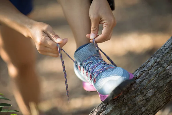 Sportswoman Trail Runner Tying Shoelace Forest — Stock Photo, Image
