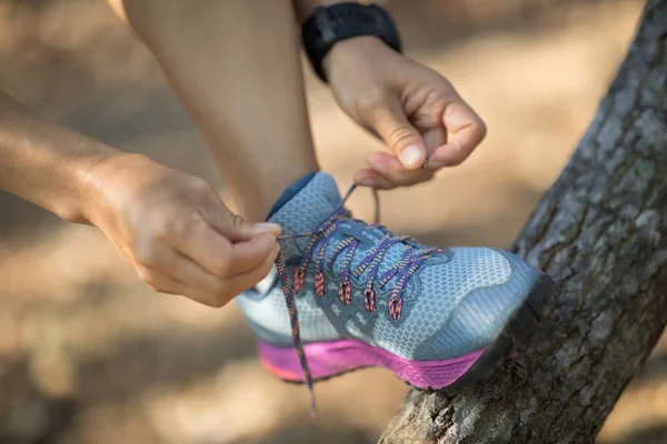 Sportswoman Trail Runner Tying Shoelace Forest — Stock Photo, Image