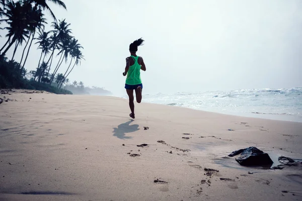Fitness Healthy Lifestyle Concept Young Woman Running Tropical Beach Sunrise — Stock Photo, Image