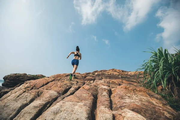 Vrouw Trail Runner Uitgevoerd Naar Rotsachtige Bergtop Zee — Stockfoto