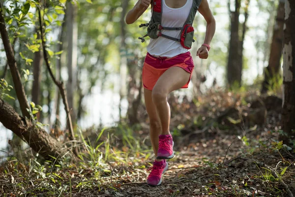 Sportvrouw Kruis Land Trail Die Bos Loopt — Stockfoto