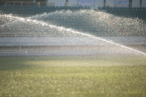 Automatische Sprinklers Drenken Gras Tijdens Zonnige Avond — Stockfoto