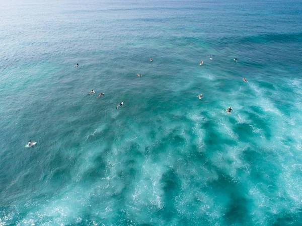 Aerial View Drone Surfers Paddling Catching Waves Surfing Indian Ocean — Stock Photo, Image