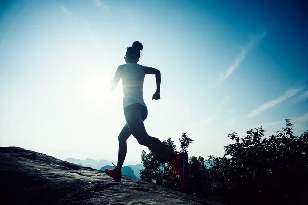 Unga Fitness Kvinna Trail Löpare Kör Till Bergets Topp — Stockfoto
