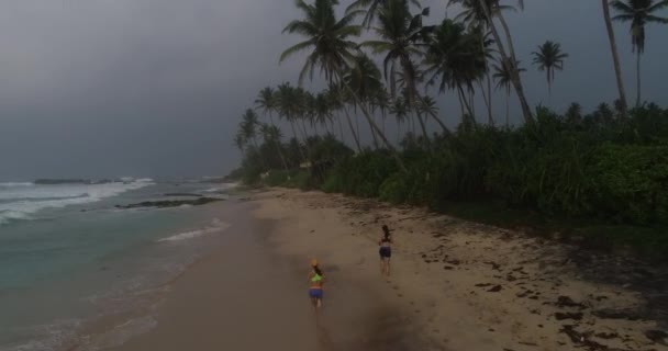 朝は日の出中に熱帯のビーチを走る若い女性フィットネス健康的なライフ スタイル コンセプト — ストック動画