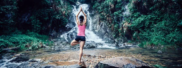 Young Woman Practicing Yoga Waterfall Forest — Stock Photo, Image