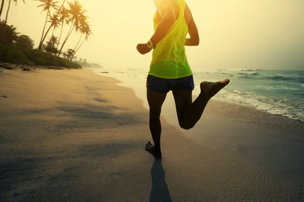 Fitness Healthy Lifestyle Concept Young Woman Running Tropical Beach Sunrise — Stock Photo, Image