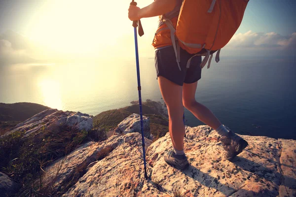Vrouwelijke Wandelaar Genieten Van Het Uitzicht Zonsopgang Aan Zee Berg — Stockfoto