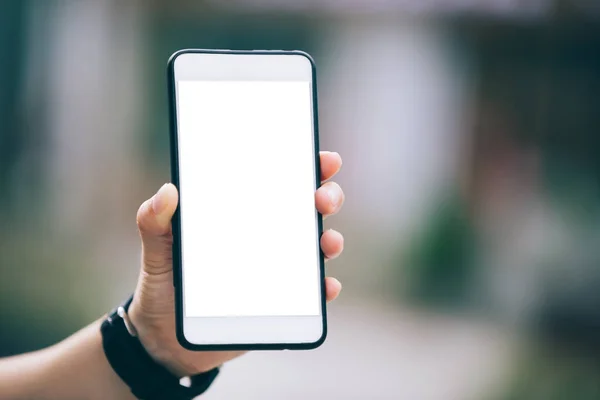 Hand Holding Smartphone Blank Modern City — Stock Photo, Image