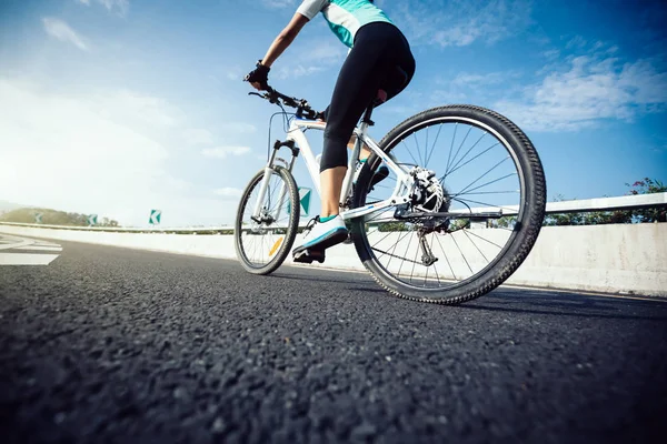 Mujer Ciclista Montando Bicicleta Montaña Carretera — Foto de Stock