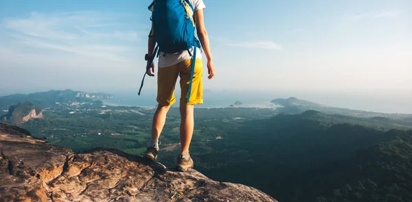 Mujer Exitosa Excursionista Disfrutando Vista Desde Pico Montaña — Foto de Stock