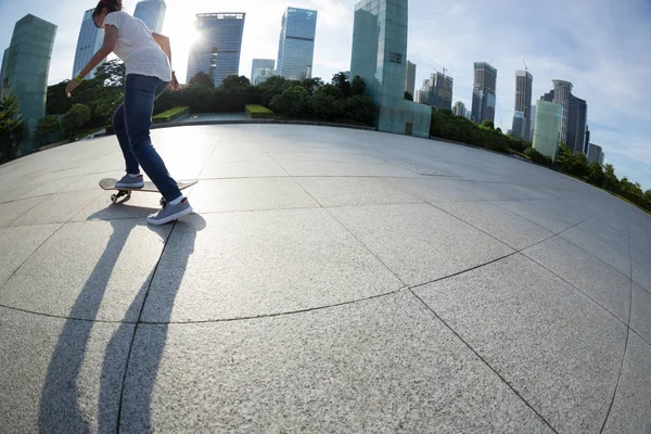 Skateboarder Skateboarding Sunrise City Fish Eye — Stock Photo, Image