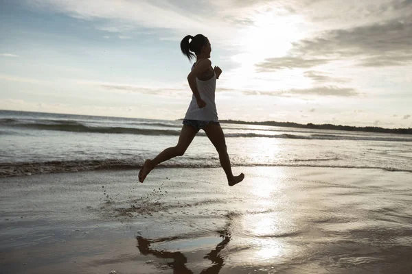 Female Athlete Running Sunset Beach — Stock Photo, Image