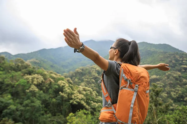 Jovem Mulher Mochileiro Caminhadas Topo Montanha Floresta — Fotografia de Stock