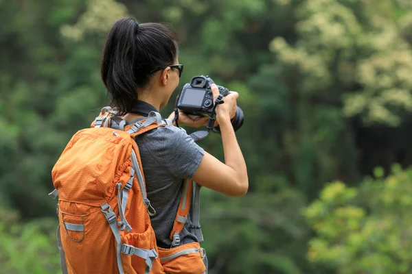 Mulher Fotógrafa Tirar Foto Floresta Montanha Manhã — Fotografia de Stock