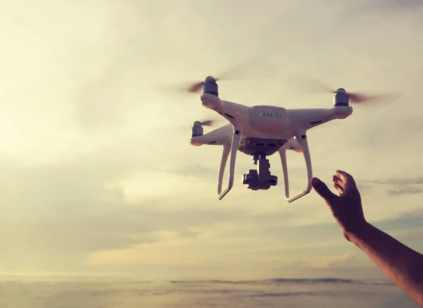 Hand Reaching Flying Drone Which Taking Photo Sunrise Sea — Stock Photo, Image