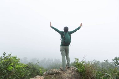 Başarılı yürüyüşçü bahar orman dağ tepesinde açık kollar