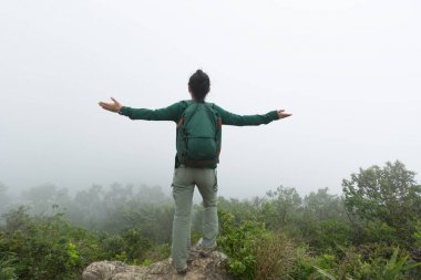 Başarılı yürüyüşçü bahar orman dağ tepesinde açık kollar