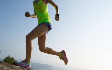 Başarılı kadın dağın tepesinde uçurumun kenarında çalışan