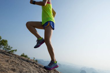 Başarılı kadın dağın tepesinde uçurumun kenarında çalışan