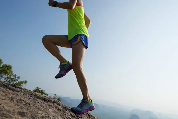 Donna Successo Che Corre Sulla Cima Della Montagna Bordo Scogliera — Foto Stock