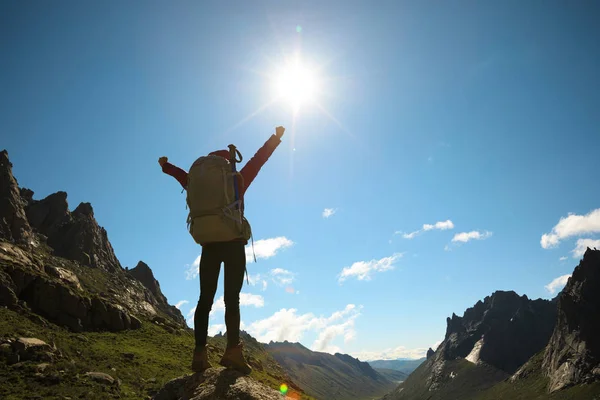 Animadora Mujer Excursionista Con Mochila Senderismo Cima Montaña Gran Altitud — Foto de Stock