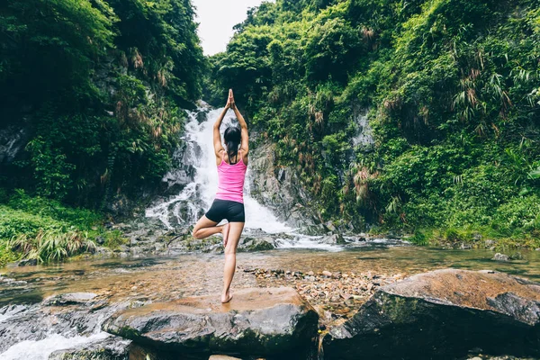 Young Woman Practice Yoga Waterfall Forest — Stock Photo, Image