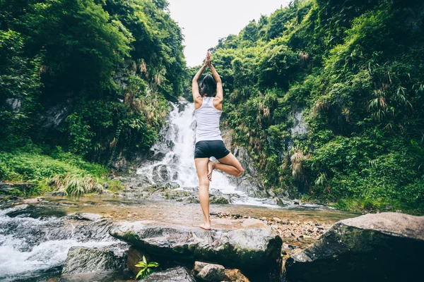 Young Woman Practice Yoga Waterfall Forest — Stock Photo, Image