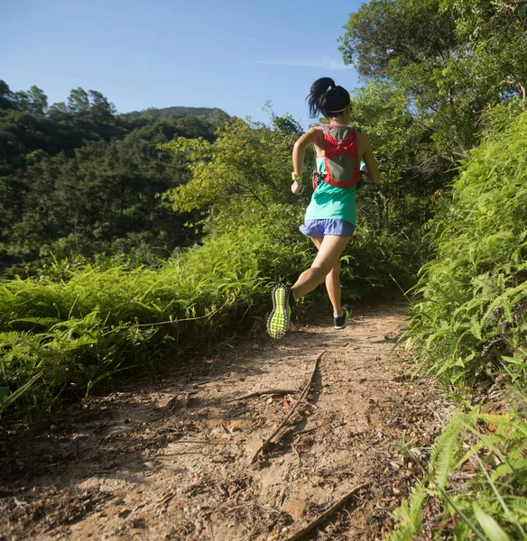 Corredor Senderos Joven Fitness Mujer Corriendo Bosque Verano — Foto de Stock