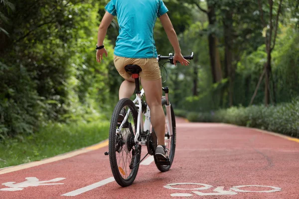 Woman riding a bike on sunny park trail with no-hands