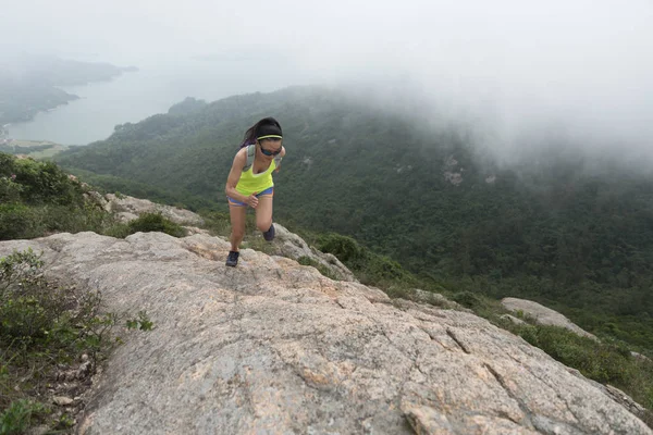 Ung Fitness Kvinna Som Springer Upp Toppen Berget — Stockfoto