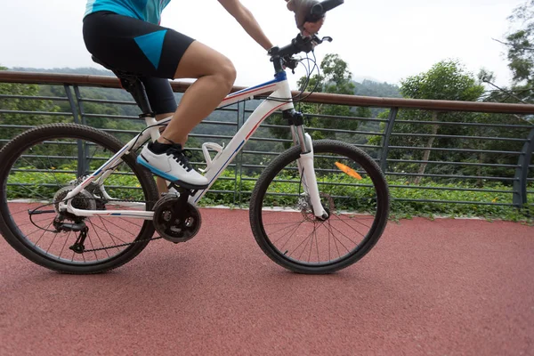 female cyclist riding mountain bike on forest trail