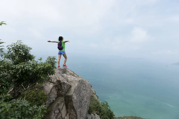 Framgångsrik Kvinna Vandrare Känsla Gratis Mountain Top Seaside — Stockfoto