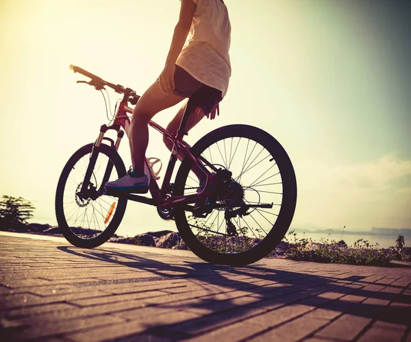 Mujer Montar Bicicleta Sin Manos Playa Soleada —  Fotos de Stock