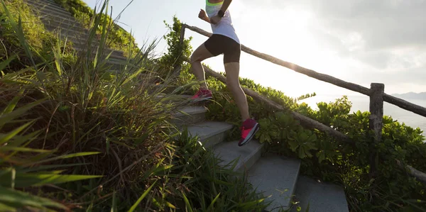 Mulher Determinada Correndo Escadas Montanha Beira Mar — Fotografia de Stock