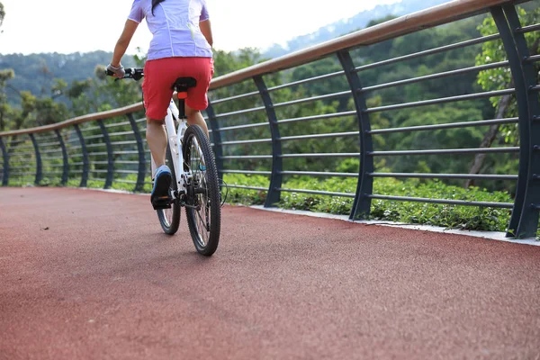 Ciclista Mujer Montar Bicicleta Montaña Sendero Del Bosque — Foto de Stock