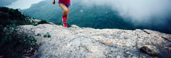 Estilo Vida Saudável Mulher Ultramarathon Corredor Correndo Até Topo Montanha — Fotografia de Stock