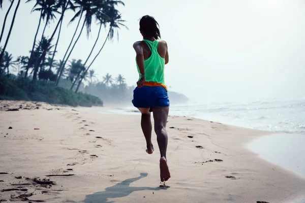 Fitness Healthy Lifestyle Young Woman Running Tropical Beach Sunrise Morning — Stock Photo, Image
