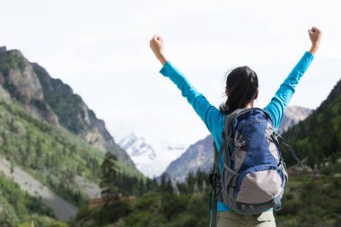 Kar dağının önünde duran uzatılmış kolları ile Cheering Hiker 
