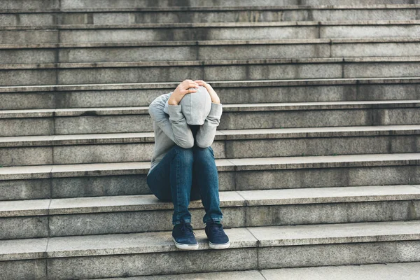 Upset Woman Sitting Alone City Stairs — Stock Photo, Image