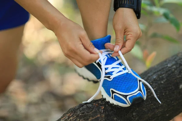 Sportswoman Trail Runner Tying Shoelace Forest — Stock Photo, Image