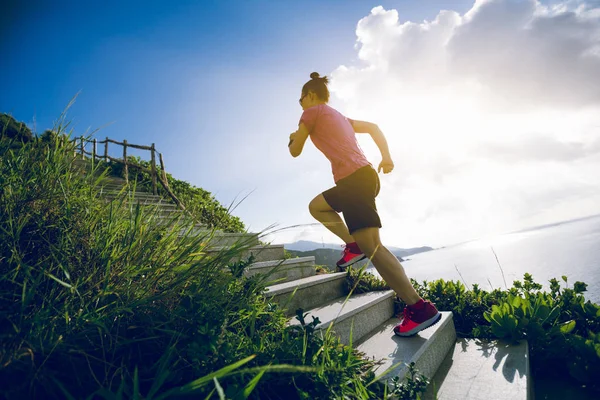 Determined Woman Running Seaside Mountain Stairs — Stock Photo, Image