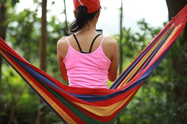 Woman Relaxing Hammock Smartphone Forest — Stock Photo, Image