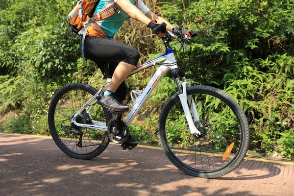 Ciclista Mujer Montar Bicicleta Montaña Sendero Del Bosque — Foto de Stock