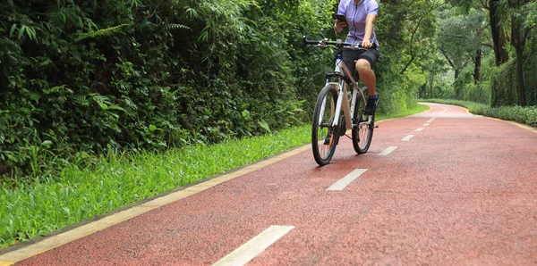 Cyclist Using Smartphone While Riding Bike Summer Forest Trail — Stock Photo, Image