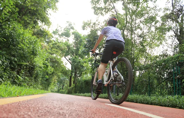 Жінка Велосипедистка Їде Велосипеді Стежці Сонячного Парку Влітку — стокове фото