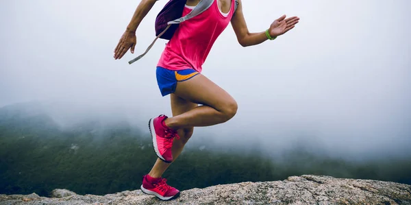 Γυναίκα Εξαιρετικά Μαραθώνιος Δρομέας Τρέχει Μέχρι Την Ομίχλη Βουνό Κορυφή — Φωτογραφία Αρχείου