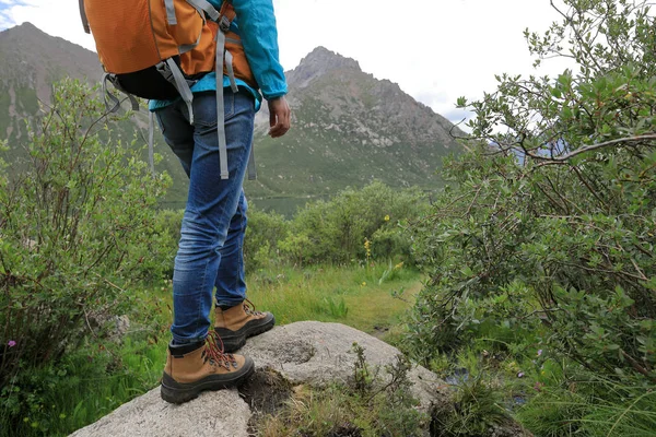 Mochila Mulher Caminhadas Montanhas Verdes — Fotografia de Stock